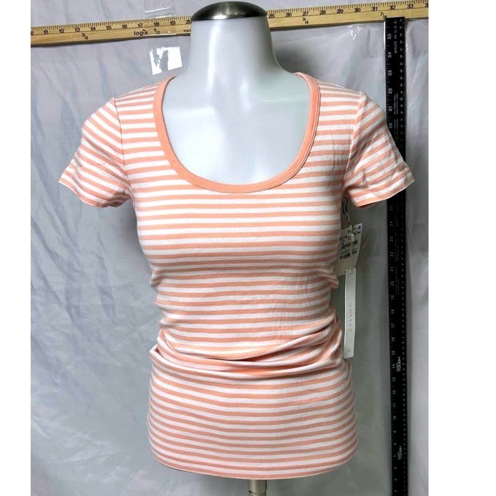 Caslon ~‎ Size XXS ~ White/Coral Striped Scoop Neck Ribbed Cotton Tee ~ NWT